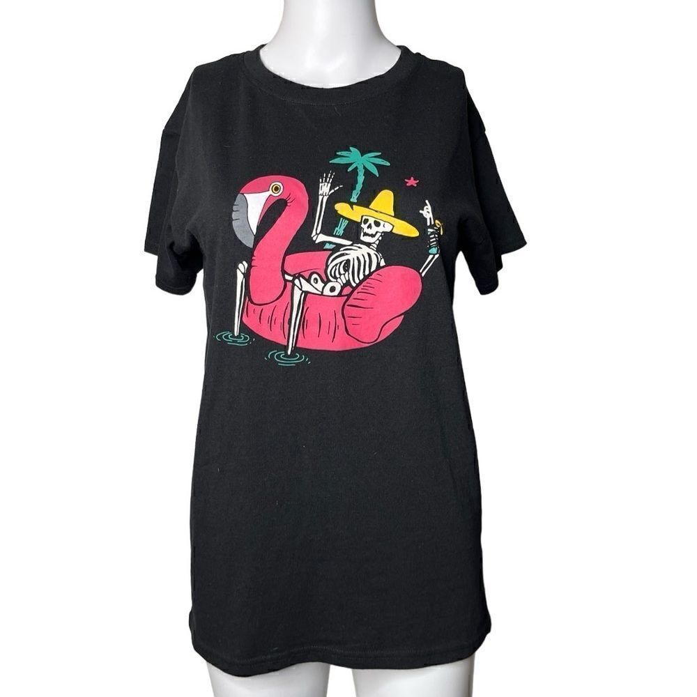 Brisco Flamingo Skeleton Short Sleeve Shirt Black Size Small